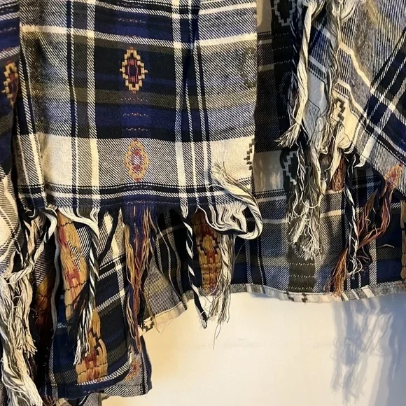 En Creme Blue Blue Plaid Open Front‎ Crinkle Draped Fringe Cardigan M ♣️ - Picture 3 of 6